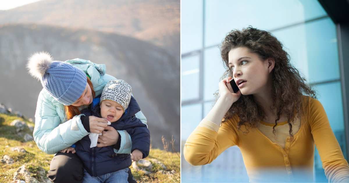(L) Mom wiping vomit off her baby's face on a trek; (R) Panicking woman on the phone. (Representative Cover Image Source: Getty | Photo by (L) mmpile; (R) Westend61)