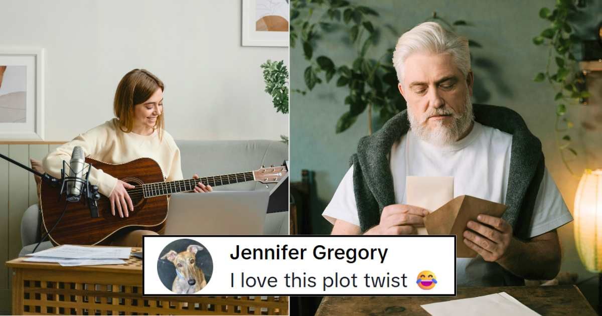 (L) Musician at home using sound systems. (R) Elderly man putting note in envelope. (Representative Cover Image Source: Pexels | (L) Tima Miroshnichenko; (R) Cottonbro studio; (Inset) TikTok | @jengregory113)