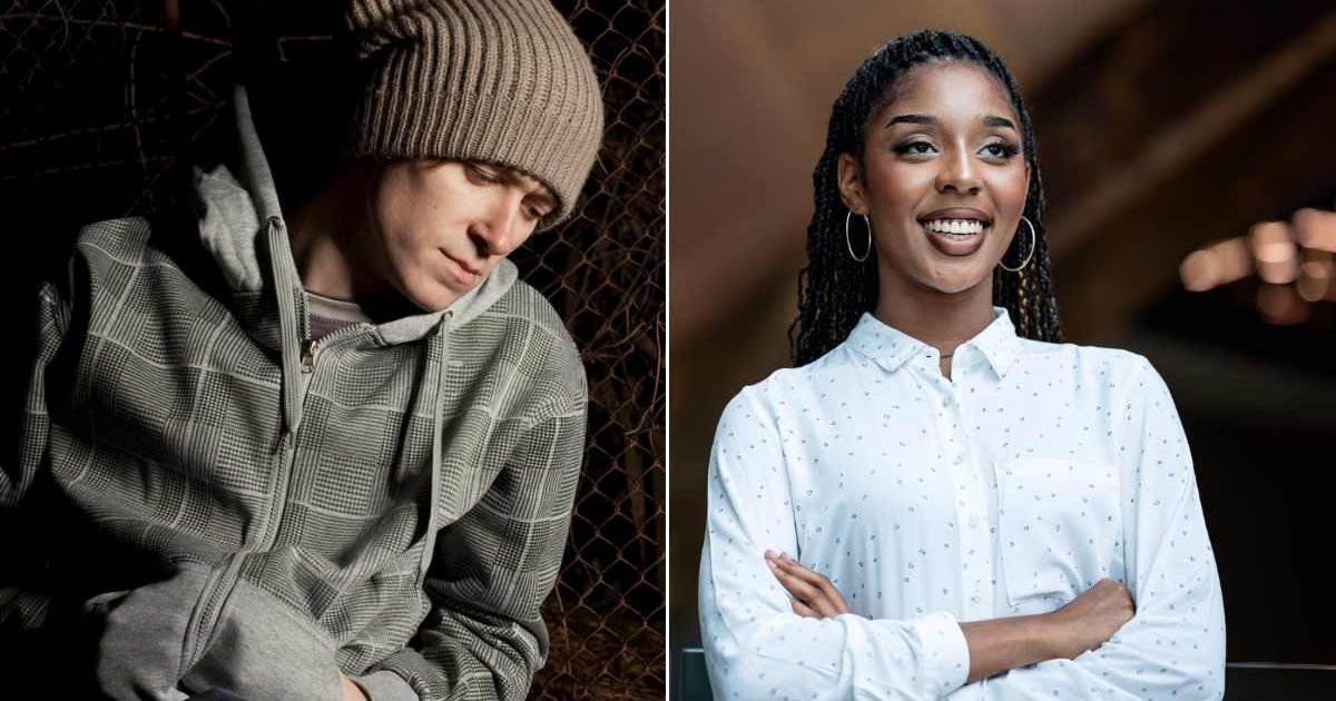 (L) A homeless man sitting against a fence. (R) A woman in formals looking ahead and smiling. (Representative Cover Image Source: Getty Images | (L) Rollover; (R) Nitat Termmee)
