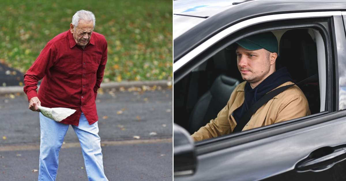 (L) Elderly man struggling to walk on road by himself. (Representative Cover Image Source: Getty Images| Willowpix), (R) Driver noticing something worrisome while seated in car. (Representative Cover Image Source: Getty Images| YuliyaTaba)