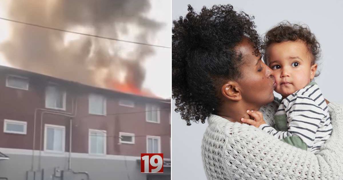 (L) A building on fire. (R) A mom kissing her baby. Representative Cover Image Source: YouTube | 19 News; Getty Images | Tara Moore