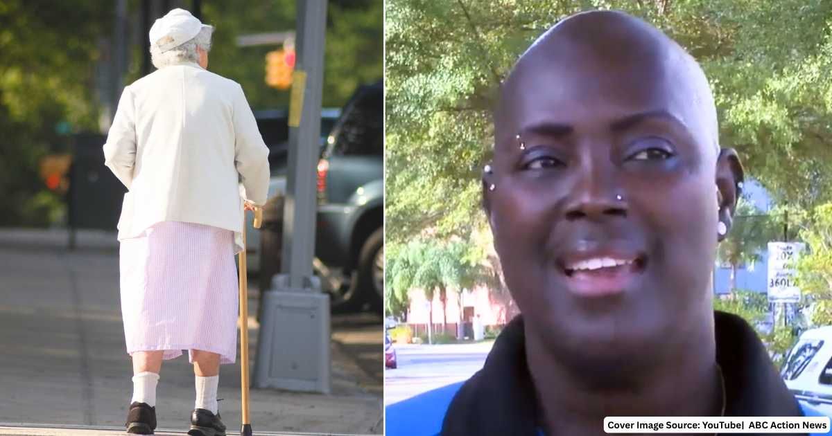 (L) Elderly woman with walking stick struggling to cross by herself. (Representative Cover Image Source: Getty Images| Photo by Jay Lazarin), (R) HART bus driver, Elaine Caraballo, speaks in interview. (Cover Image Source: YouTube| ABC Action News)