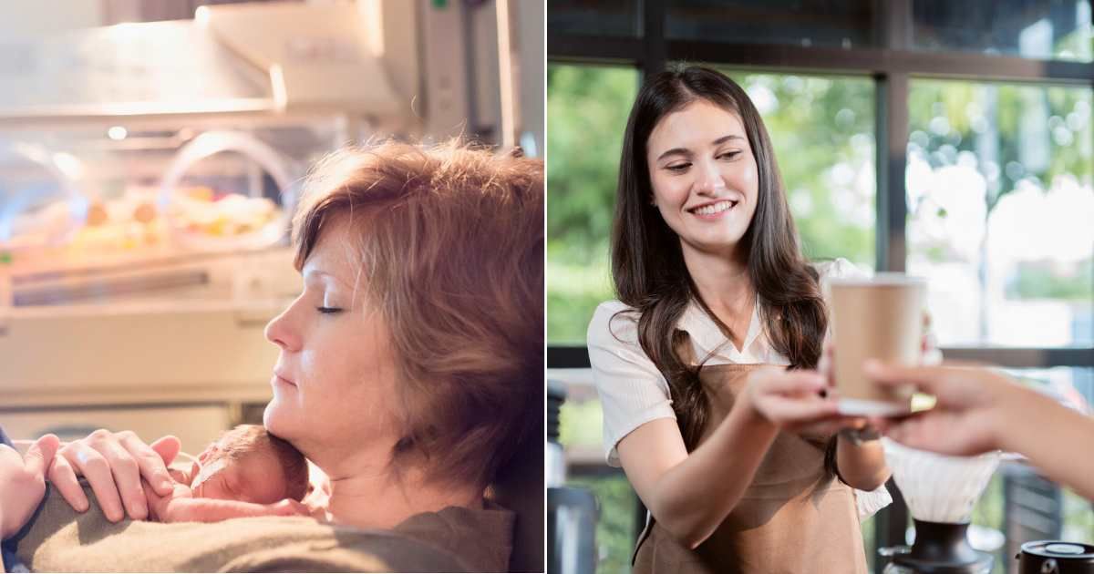 (L) Exhausted mom holding newborn in NICU. (Representative Cover Image Source: Getty Images| Jill Lehmann Photography), (R) Barista handing over coffee with an assuring smile. (Representative Cover Image Source: Getty Images| Vithun Khamsong)