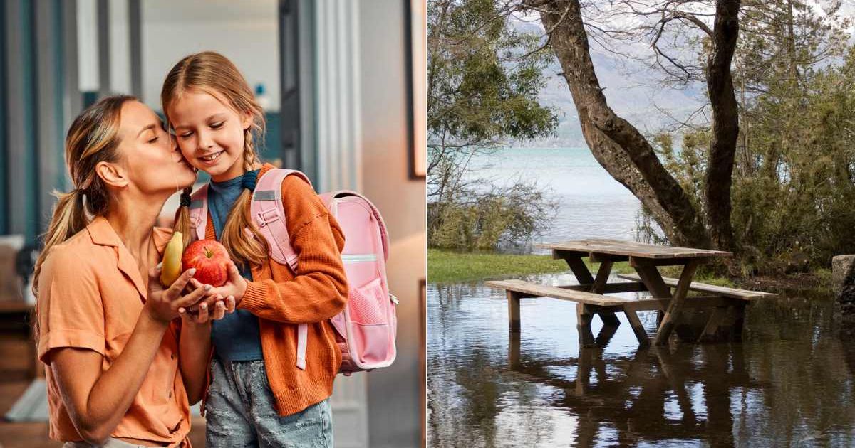 (L) A mom kissing her daughter's cheek. (R) A flooded campsite. Representative Cover Image Source: Getty Images | Harbucks; Magaiza