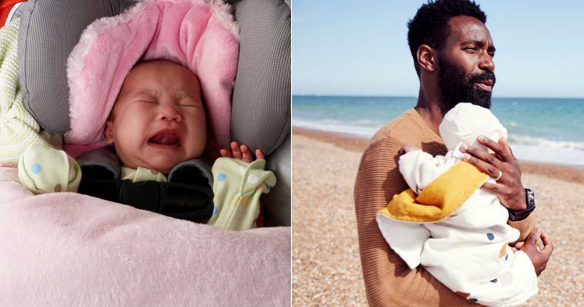 (L) A baby crying in a car seat. (R) A man holding a baby close to himself. Representative Cover Image Source: Getty Images | Jupiter Images; Luca Sage