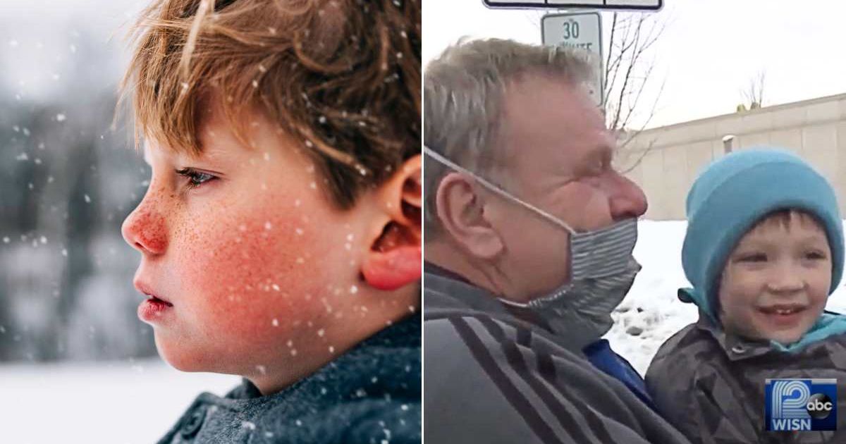(L) A little boy out in the snow. (R) The man and the boy meet after the incident. Representative Cover Image Source: Getty Images | Elizabeth Salleebauer; YouTube | WISN 12 News