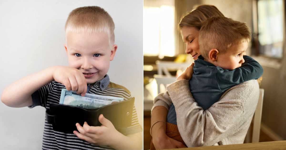 (L) Little boy putting a 100-dollar note into a wallet; (R) Mom comforting little son who is disheartened. (Representative Cover Image Source: Getty Images | (L) Alona Siniehina; (R) skynesher)