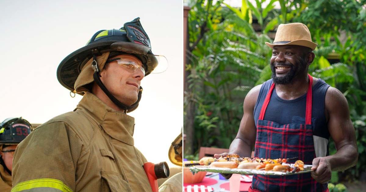 (L) A firefighter in his uniform looking ahead. (R) A man bringing out food in a garden. Representative Cover Image Source: Getty Images | Cavan Images | Witthaya Prasongsin