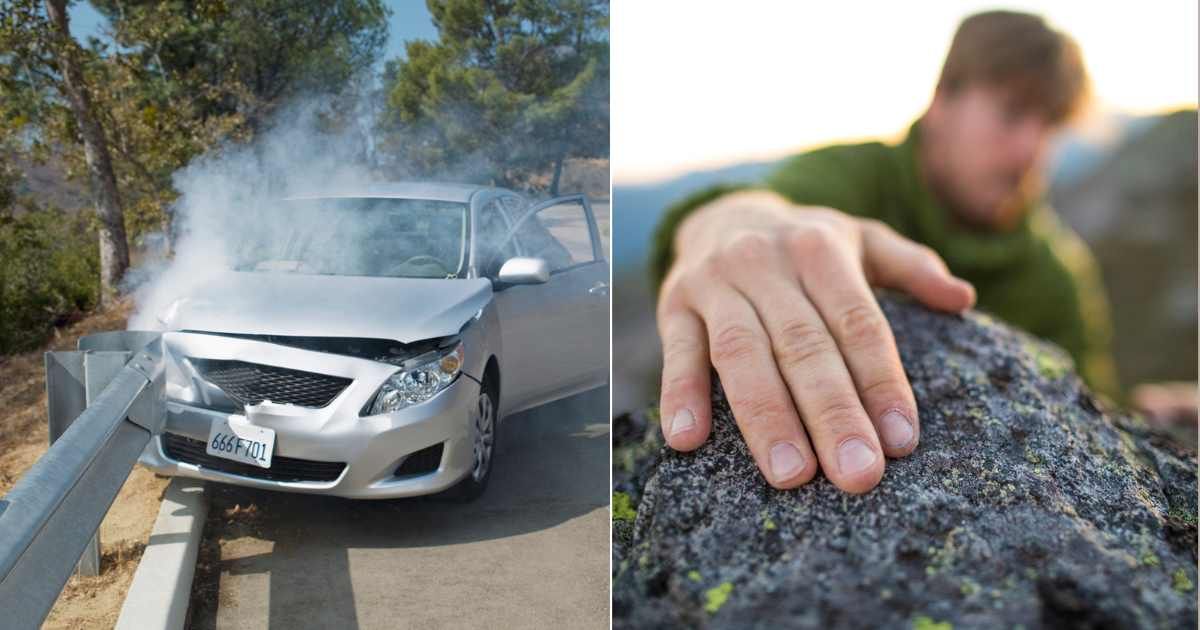 (L) Car on smoke after crashing. (Representative Cover Image Source: Getty Images| Chris Ryan), (R) Man struggling to hold onto to crumbling boulder while scaling cliff. (Representative Cover Image Source: Getty Images| Cavan Images)