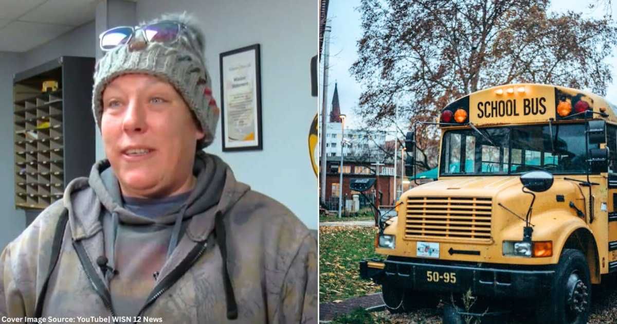 (L) Kobussen Buses driver, Jamie Smoczyk speaks in interview. (Cover Image Source: YouTube| WISN 12 News), (R) A school bus parked near a playground. (Representative Cover Image Source: Pexels| cottonbro studio)