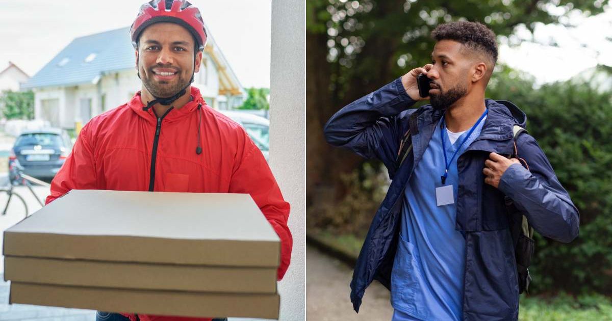 (L) A pizza delivery driver at a person's door. (R) A man frantically making a call while standing outside a house. Representative Cover Image Source: Getty Images | Westend61; Halfpoint Images