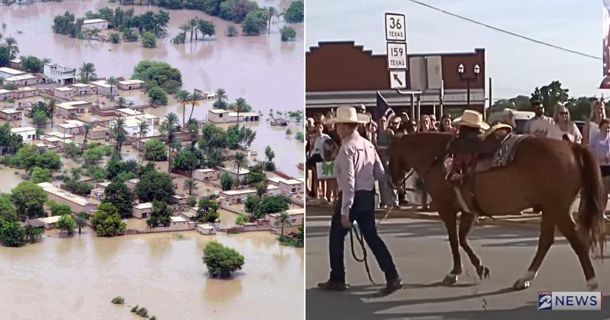 (L) A flooded area with trees and houses. (R) The girl's grandpa walking with her horse. Representative Cover Image Source: Getty Images | Visual News Pakistan; YouTube | KPRC 2 Click2Houston