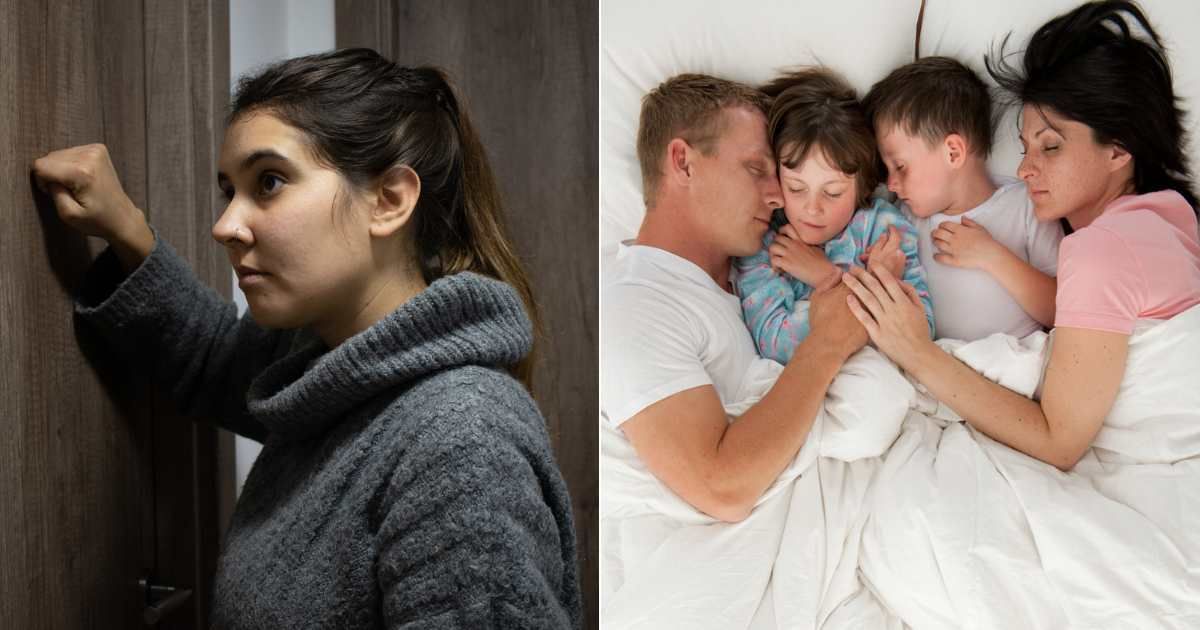 (L) Anxious woman knocking on door. (Representative Cover Image Source: Getty Images| Photo by Wirestock), (R) Family fast asleep in bed at home. (Representative Cover Image Source: Getty Images| Photo by FatCamera)