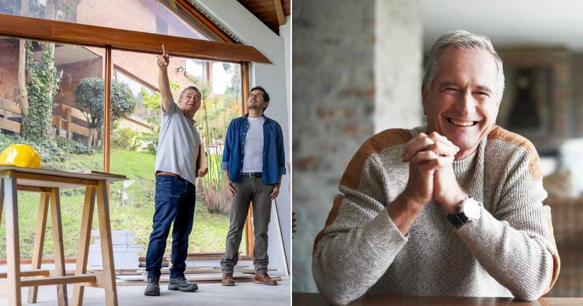 (L) People working to renovate a house. (R) An old man with a big smile on his face. Getty Images | Hispanolistic; Portra Images