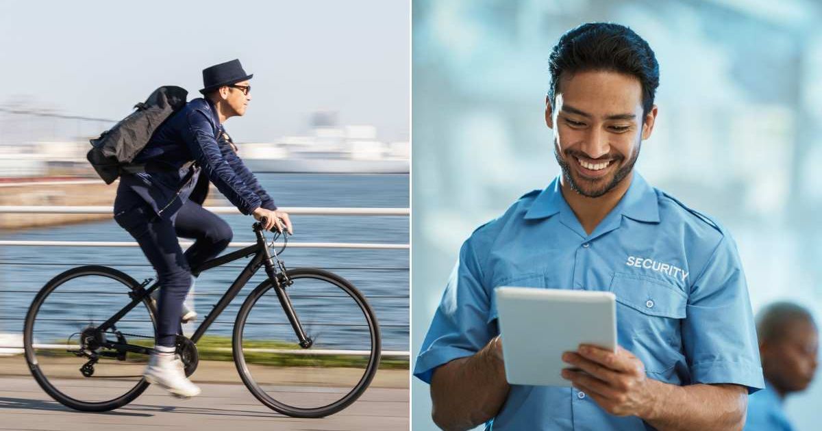(L) A man riding a bike on the road. (R) A security guard looking at something with a smile on his face. Representative Cover Image Source: Getty Images | Susumu Yoshioka; Jacob Wackerhausen