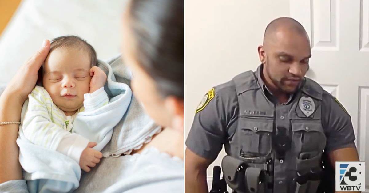(L) A mom holding onto her newborn baby. (R) The officer describing the baby's rescue. Representative Cover Image Source: Getty Images | Thanasis Zovoilis; YouTube | WBTV