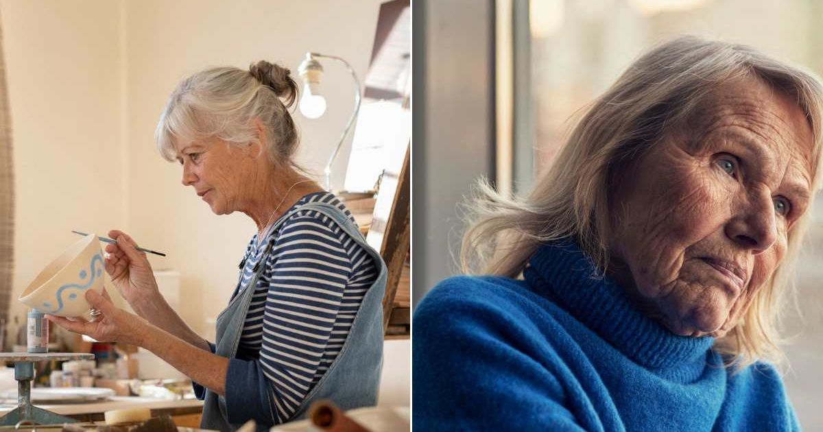 (L) An old woman working in a studio. (R) A woman looking ahead with a somber expression on her face. Representative Cover Image Source: Getty Images | Alistair Berg; Johner Images