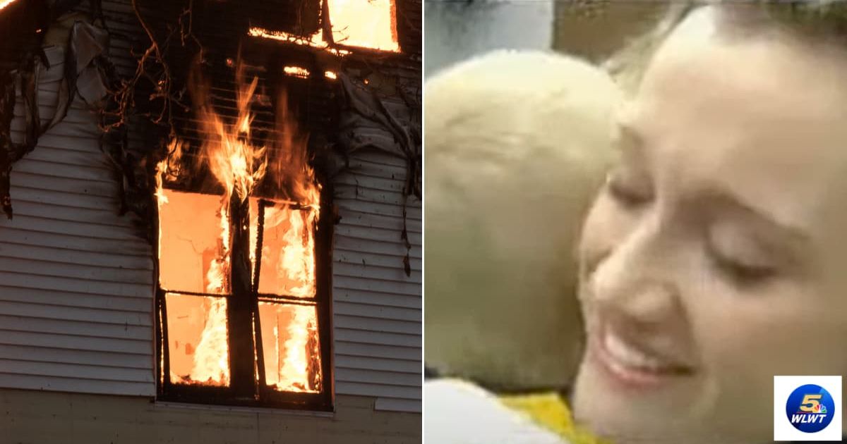 (L) A house on fire. (R) The nanny hugging the little boy. Representative Cover Image Source: Getty Images | Marcia Straub; YouTube | WLWT