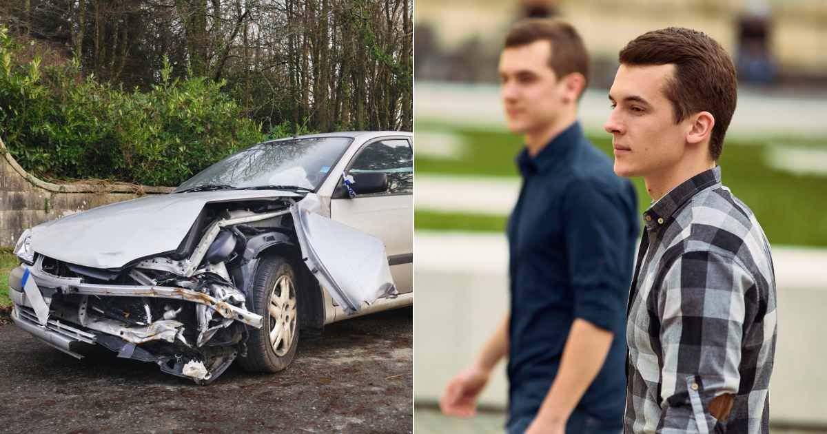 (L) Totaled car in corner of road after accident. (Representative Cover Image Source: Getty Images| John Gollop), (R) Two teenage boys notice something serious on road. (Representative Cover Image Source: Getty Images| SHipskyy)
