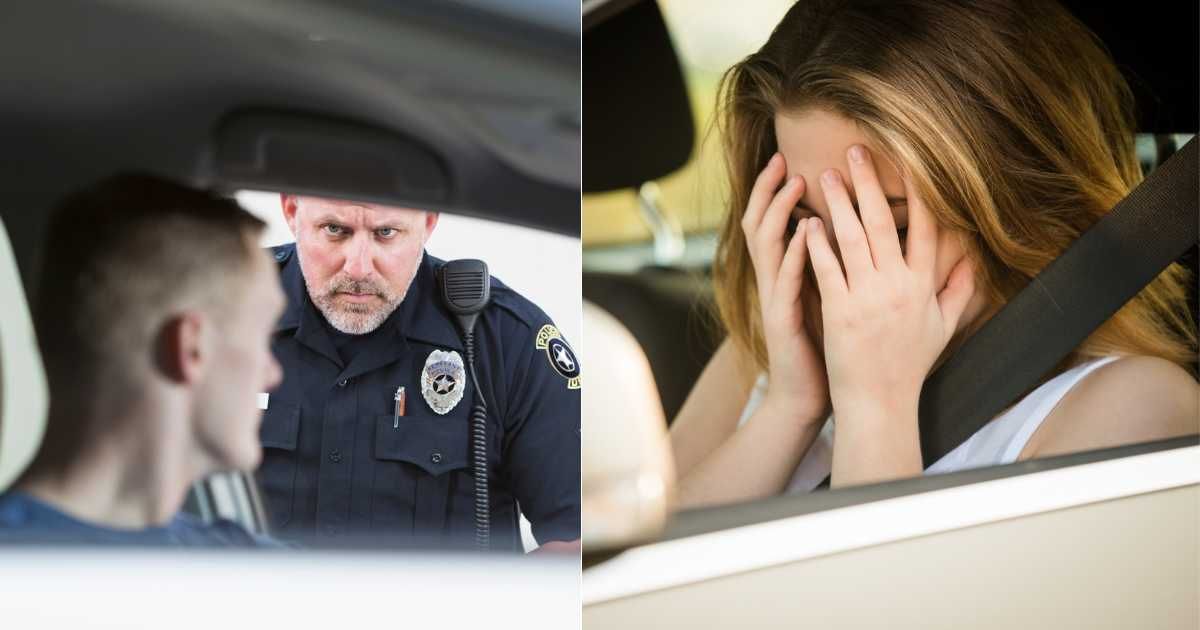 (L) Police officer pulling car over and looking suspiciously. (Representative Cover Image Source: Getty Images| kali9), (R) Teenage girl seated in car covering face out of fear. (Representative Cover Image Source: Getty Images| Martinan)