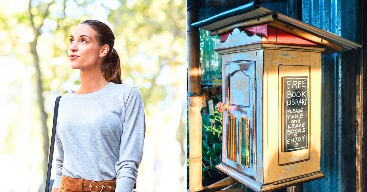 (L) Woman looking and pondering positively while walking on road. (Representative Cover Image Source: Getty Images| Fat Camera), (R) Free library box with books to take outdoors. (Representative Cover Image Source: Getty Images| Baoyan Zeng)