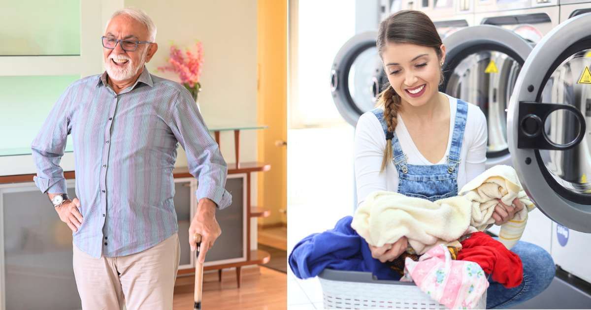 (L) Elderly man with walking stick impressed while talking; (R) Woman at laundromat with cheerful smile. (Representative Cover Image Source: Getty Images | Photo by (L) Professional Images Studio; (R) GoodLife Studio)