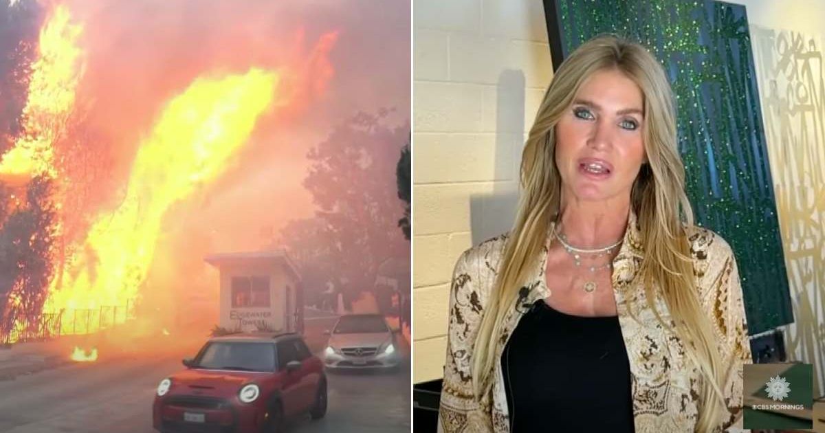 (L) The LA wildfires burning in a neighborhood; (R) The woman talking to an interviewer. (Cover Image Source: YouTube | Photo by CBS Mornings)