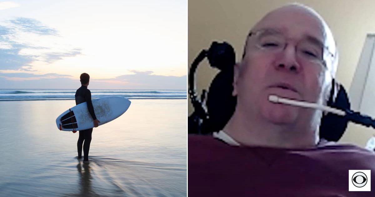 (L) A man getting ready to surf. (R) Billy Keenan talking to people. Representative Cover Image Source: Getty Images | Dougal Waters; YouTube | CBS News