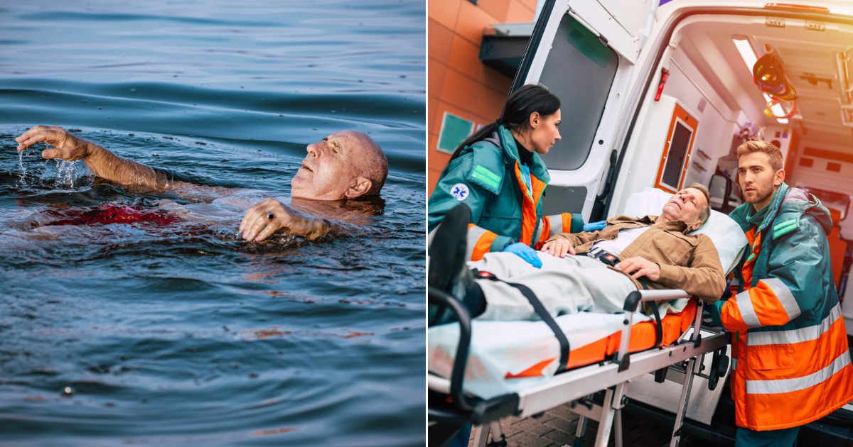 (L) Middle-aged man looking uncomfortable and sick in water. (Representative Cover Image Source: Getty Images| Dusan Stankovic), (R) First-responders transporting man on stretcher to ER. (Representative Cover Image Source: Getty Images| Povozniuk)