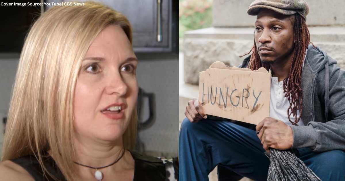 (L) Ginger Sprouse speaks in intereview. (Cover Image Source: YouTube| CBS News), (R) Dejected homeless man sitting on street with sign. (Representative Cover Image Source: Pexels| Timur Weber)