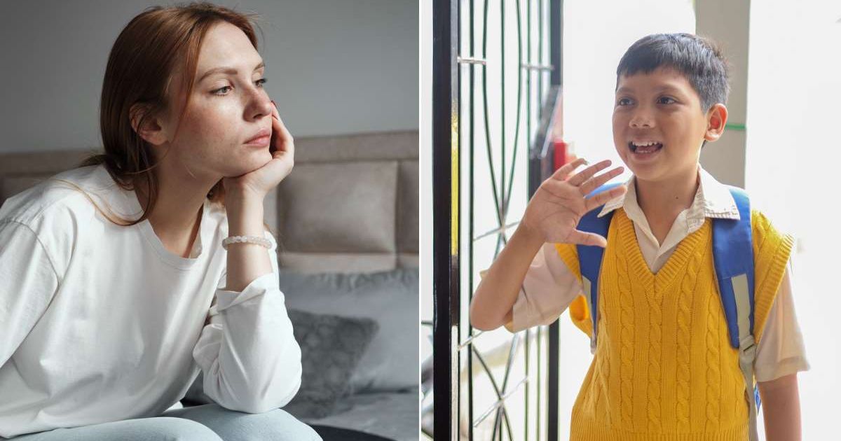 (L) An upset woman looking ahead. (R) A boy standing at a doorstep and waving at someone. Representative Image Source: Getty Images | MementoJpeg; Rani Nurlaela Desandi