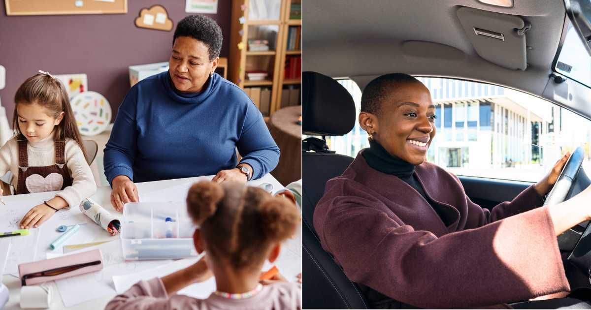 (L) Teacher attending to students in classroom. (Representative Cover Image Source: Getty Images| Seventy Four), (R) Woman seated in driver's seat in car, ready to drive. (Representative Cover Image Source: Getty Images| Westend61)
