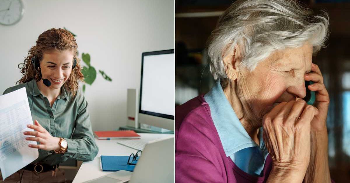 (L) A teacher teaching a virtual class. (R) A distressed grandma talking on the phone. Representative Cover Image Source: Getty Images | mixetto; Elena Popova