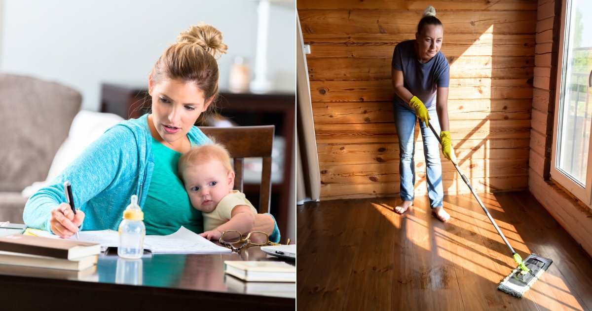 (L) Exhausted mom multitasking while holding baby and paying bills. (Representative Cover Image Source: Getty Images| SDI Productions), (R) Struggling woman cleaning house to earn money. (Representative Cover Image Source: Getty Images| YURTAYEVA ALA)