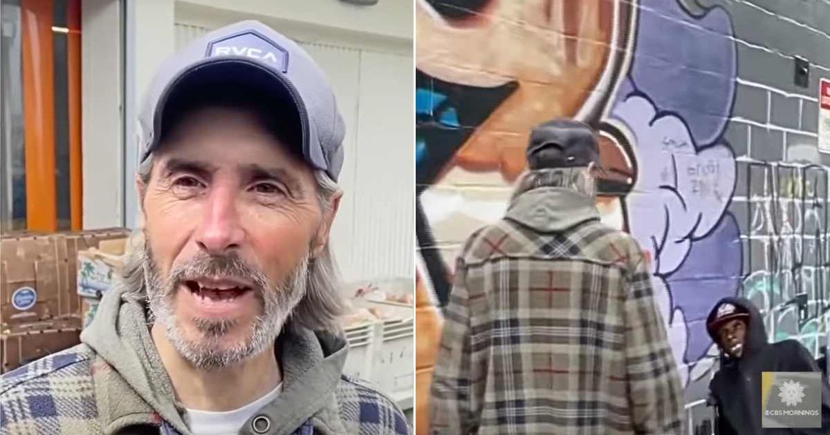 (L) The man talking to an interviewer. (R) The man checks on a homeless person. Cover Image Source: YouTube | CBS Mornings