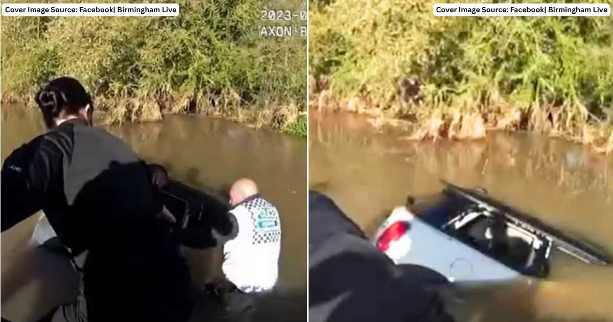 (L) West Mercia Police form human chain to help woman trapped in submerging car. (Cover Image Source: Facebook| Birmingham Live), (R) Vehicle quickly sinks after officers rescue woman. (Cover Image Source: Facebook| Birmingham Live)