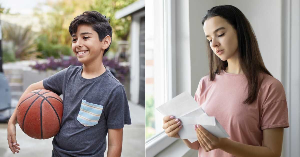 (L) Little boy smiling with basketball in hand. (Representative Cover Image Source: Getty Images| xavierarnau), (R) Woman getting emotional as she reads note. (Representative Cover Image Source: Getty Images| muratdeniz)