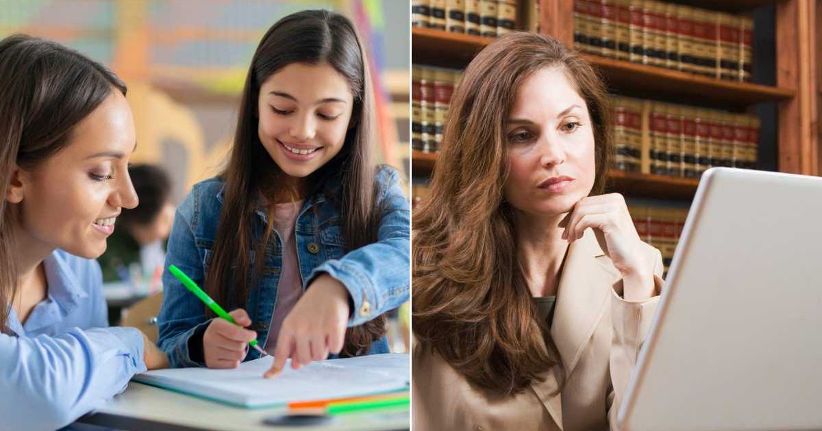 (L) A teacher with a young student at school. (R) A lawyer working to prepare for a case. Representative Cover Image Source: Getty Images | Olena Miroshnichenko; Tanya Constantine