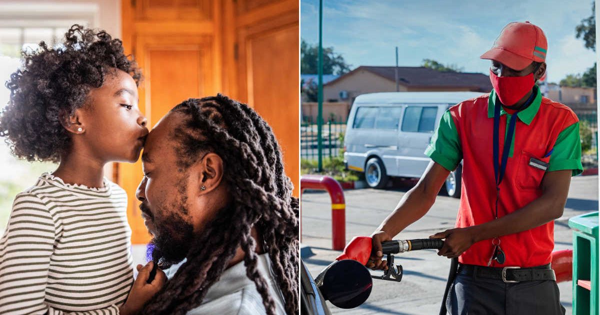 (L) A daughter kissing her dad's forehead. (R) A gas station attendant at work. Representative Cover Image Source: Getty Images | MoMo Productions; Poco BW