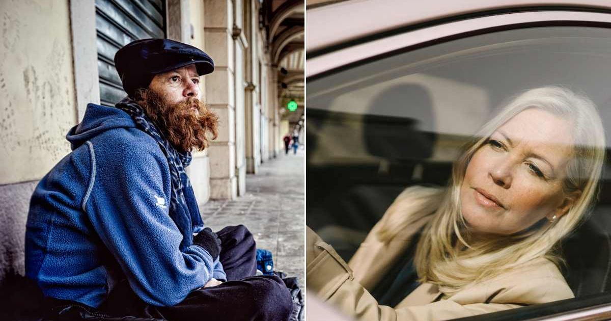 (L) A homeless man on the street. (R) A woman looking through her car window. Representative Cover Image Source: Getty Images | Lara Belova; Maskot