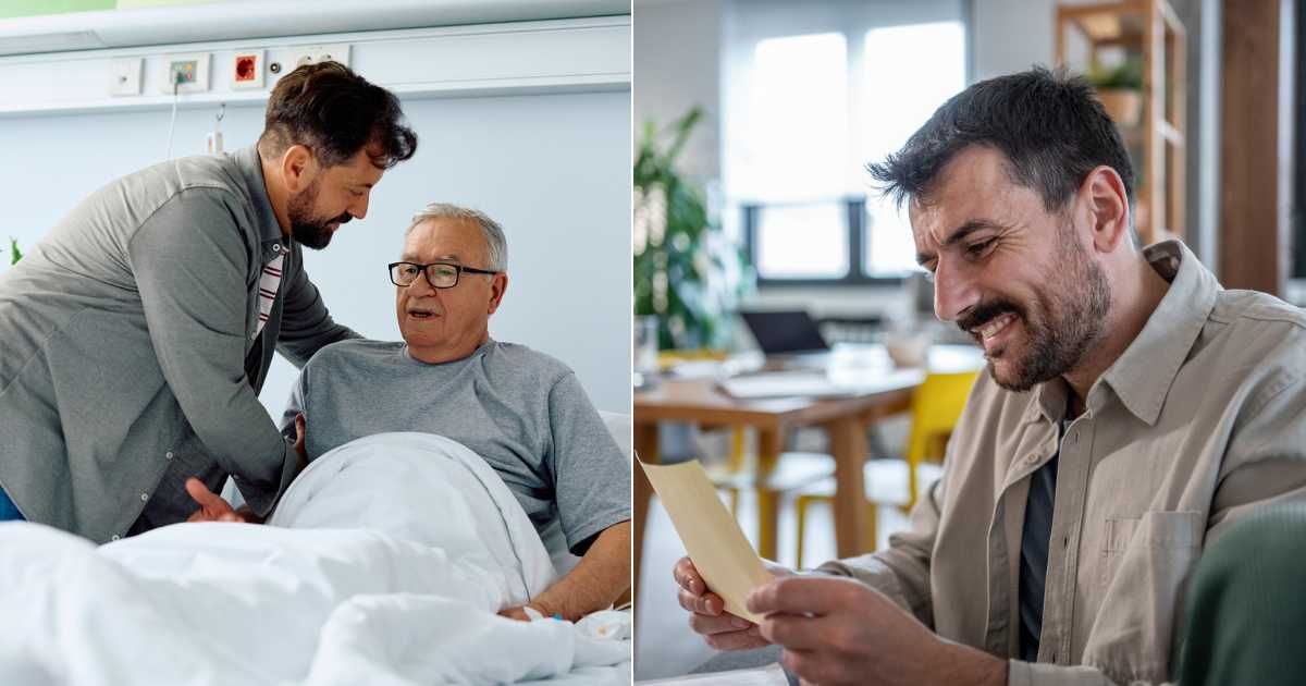 (L) Son helping dad at hospital while he undergoes treatment. (Representative Cover Image Source: Getty Images| Drazen Zigic), (R) Man poignantly smiling as he reads letter. (Representative Cover Image Source: Getty Images| Mirjana Pusicic)