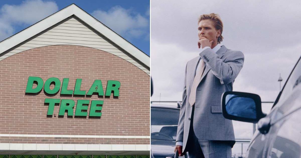 (L) The facade of a Dollar Tree store. (R) A man standing at a parking lot and looking at something with a surprised expression. Representative Cover Image Source: Getty Images | Jetcity Images; Joos Mind