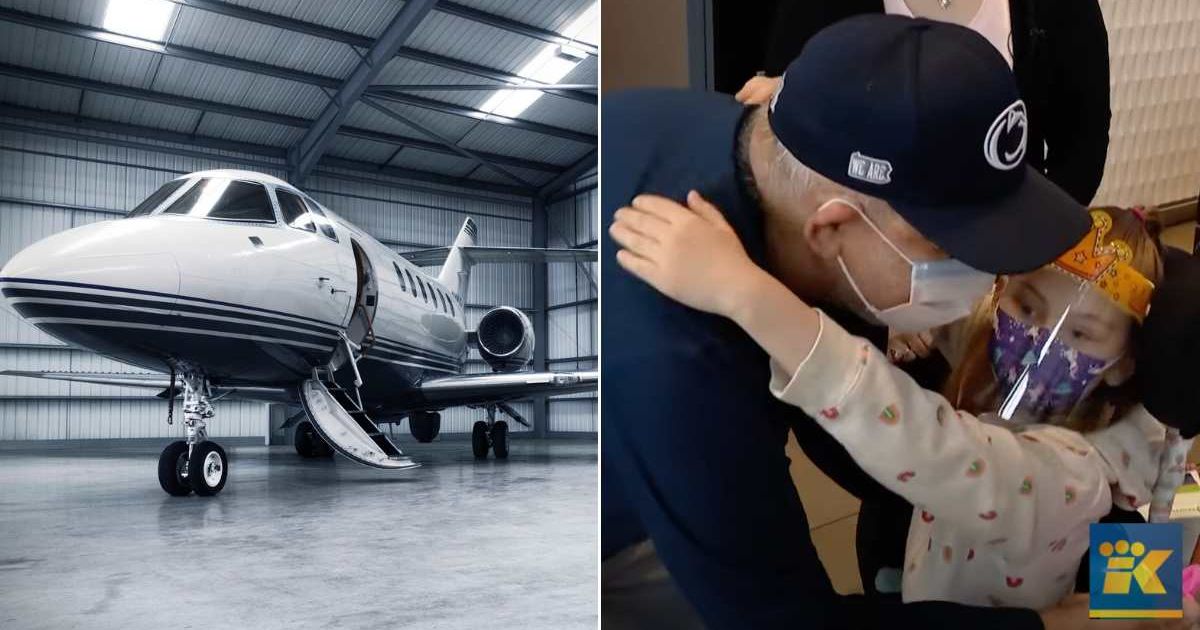 (L) A private jet in its hangar. (R) The girl giving the man a hug. Representative Cover Image Source: Getty Images | Viaframe; YouTube | King 5