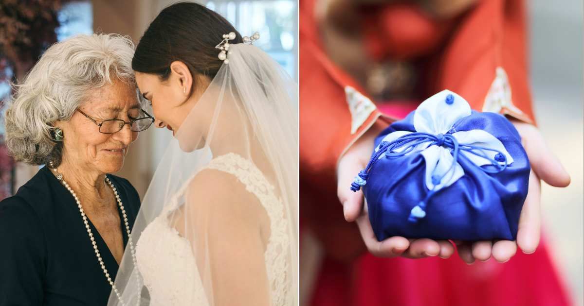 (L) Bride having moment with elderly woman on wedding day. (Representative Cover Image Source: Pexels| Cristian Rojas), (R) Person holding special gift wrapped in blue. (Representative Cover Image Source: Getty Images| RUNSTUDIO)