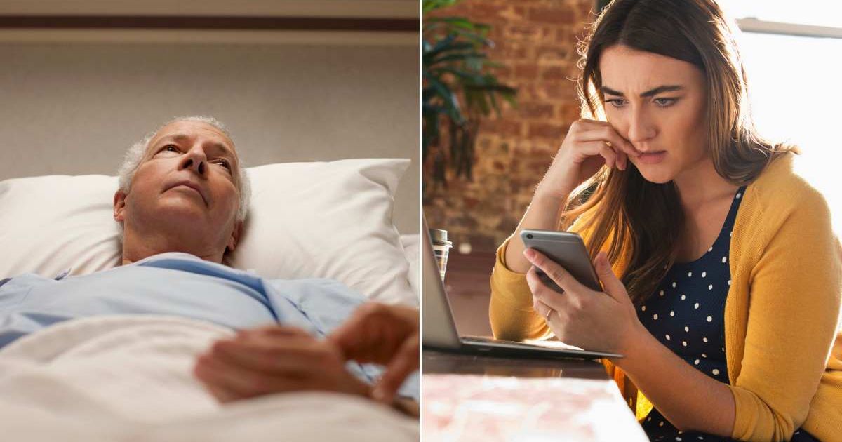(L) An old man at a hospital. (R) A woman looking at her phone while working. Representative Cover Image Source: Getty Images | David Sacks; Jose Luis Pelaez Inc