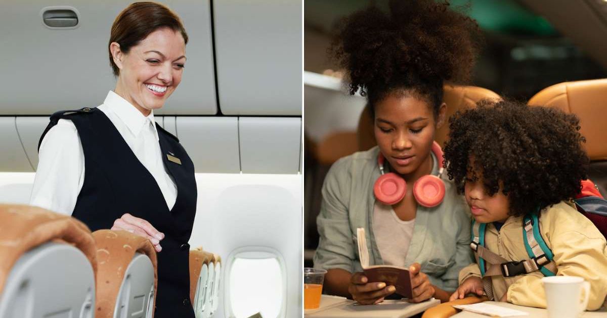 (L) A flight attendant smiling at a passenger. (R) A mom and son on a flight. Representative Cover Image Source: Getty Images | Thomas Barwick; Me3645 Studio