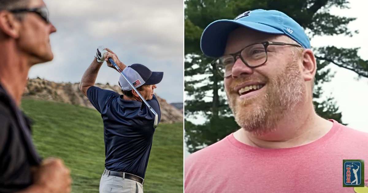 (L) A golfer at a fairway with his caddie. (R) The golf fan who stepped in to help. Representative Cover Image Source: Getty Images | Ken Redding; YouTube | PGA Tour