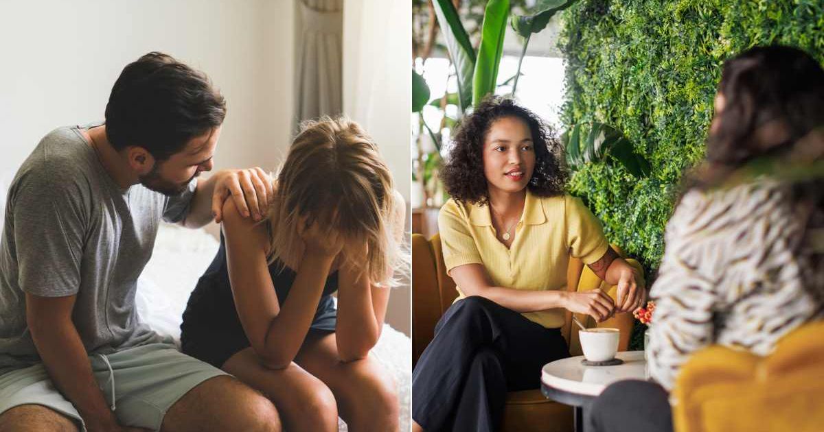 (L) A man consoling his upset wife. (R) A woman talking to another woman at a cafe. Representative Cover Image Source: Getty Images | Witthaya Prasongsin; Tom Werner