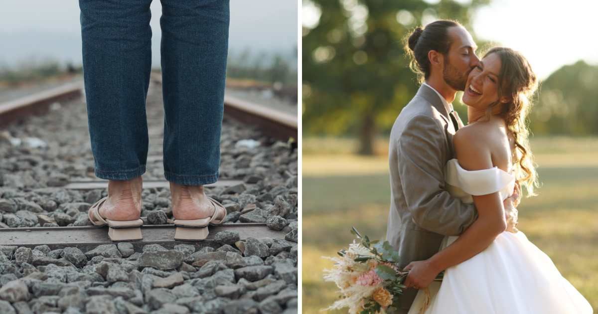 (L) A woman standing on railway track. (R) A couple on their wedding day. (Representative Image Source: Getty Images | Photo by (L) Galih Yoga, (R) Catherine Delahaye)