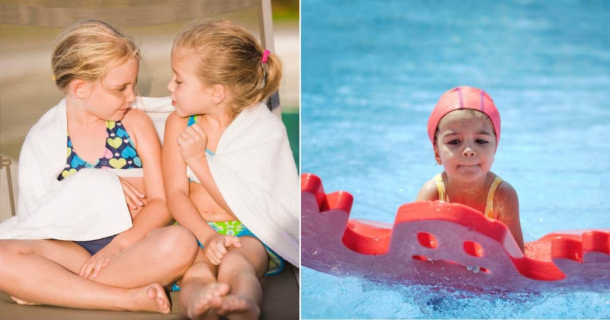 (L) Twin sisters talk to each other after getting out of pool. (Representative Cover Image Source: Getty Images| Pascal Broze), (R) Little girl struggling on raft in pool by herself. (Representative Cover Image Source: Getty Images| S Benitez)